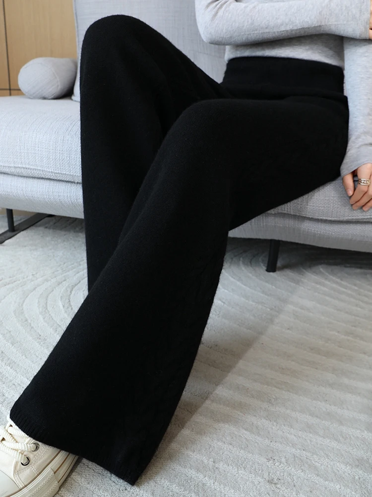 Autumn Winter Thick Cashmere Women Wide Leg Pants Casual Loose Twist Flower Trousers 100% Merino Wool Knitwear Popular Pants
