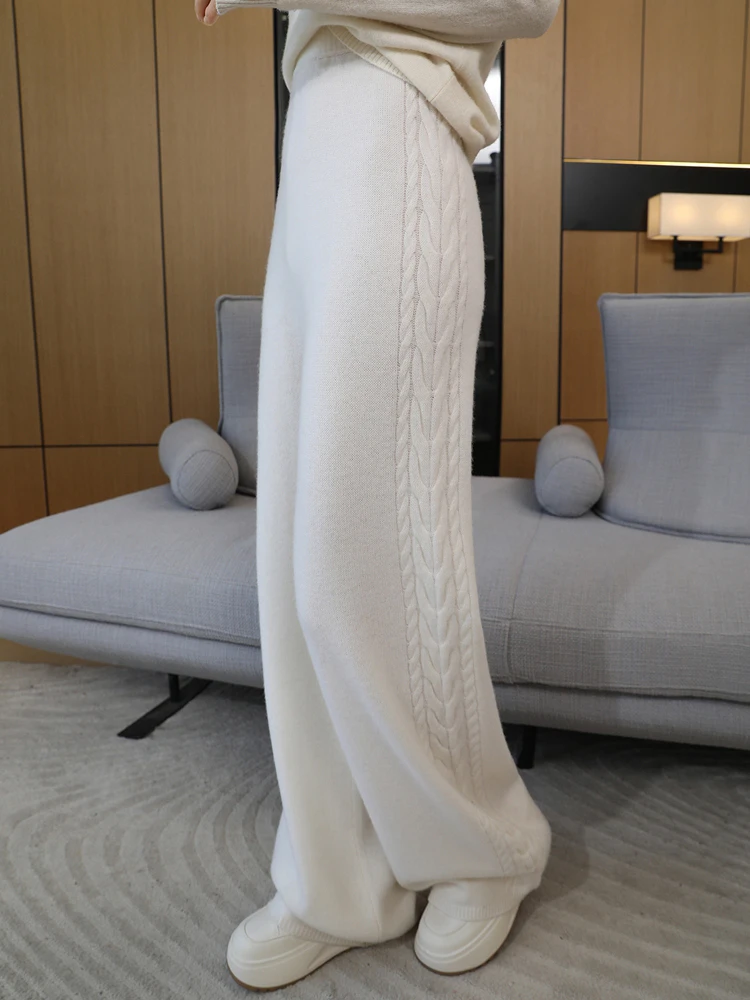 Autumn Winter Thick Cashmere Women Wide Leg Pants Casual Loose Twist Flower Trousers 100% Merino Wool Knitwear Popular Pants