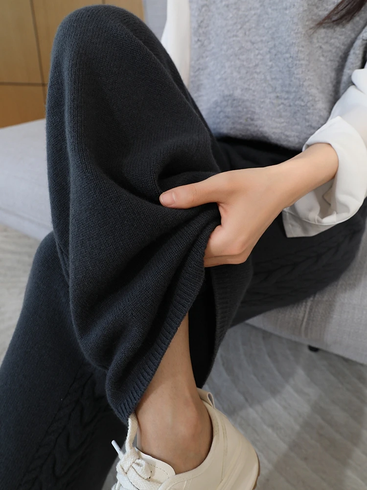 Autumn Winter Thick Cashmere Women Wide Leg Pants Casual Loose Twist Flower Trousers 100% Merino Wool Knitwear Popular Pants