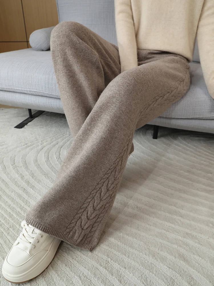 Autumn Winter Thick Cashmere Women Wide Leg Pants Casual Loose Twist Flower Trousers 100% Merino Wool Knitwear Popular Pants