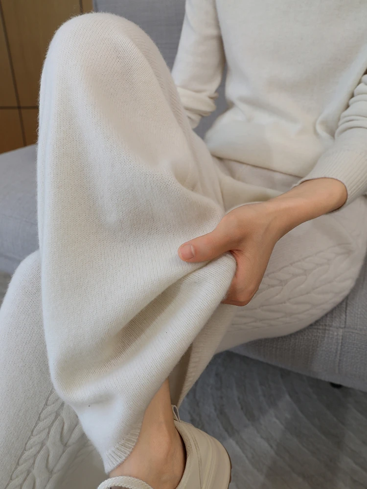 Autumn Winter Thick Cashmere Women Wide Leg Pants Casual Loose Twist Flower Trousers 100% Merino Wool Knitwear Popular Pants
