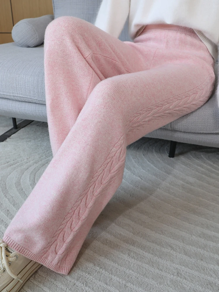 Autumn Winter Thick Cashmere Women Wide Leg Pants Casual Loose Twist Flower Trousers 100% Merino Wool Knitwear Popular Pants