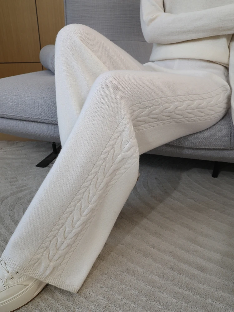 Autumn Winter Thick Cashmere Women Wide Leg Pants Casual Loose Twist Flower Trousers 100% Merino Wool Knitwear Popular Pants