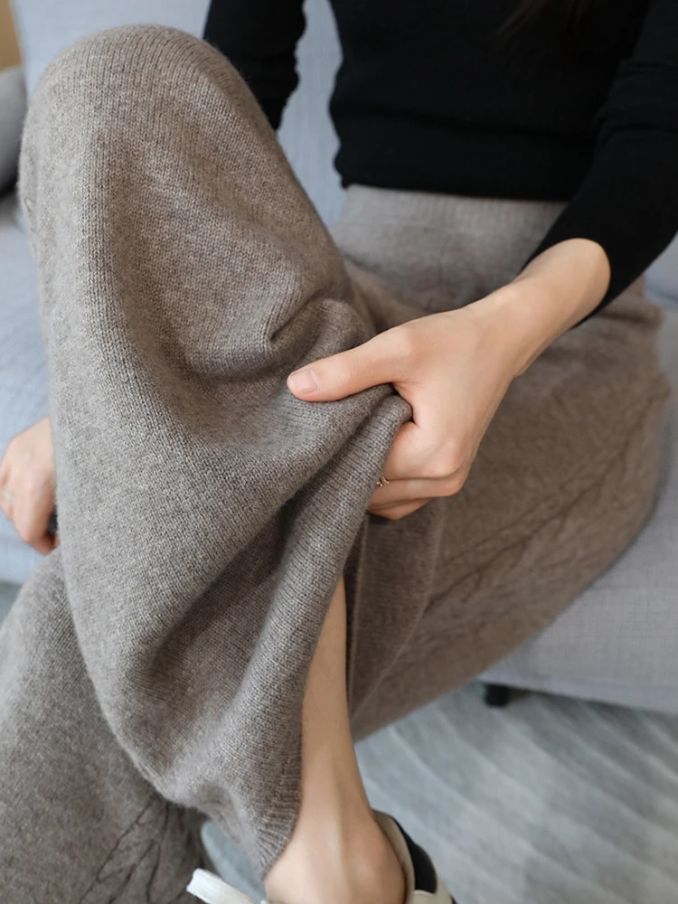Autumn Winter Thick Cashmere Women Wide Leg Pants Casual Loose Twist Flower Trousers 100% Merino Wool Knitwear Popular Pants