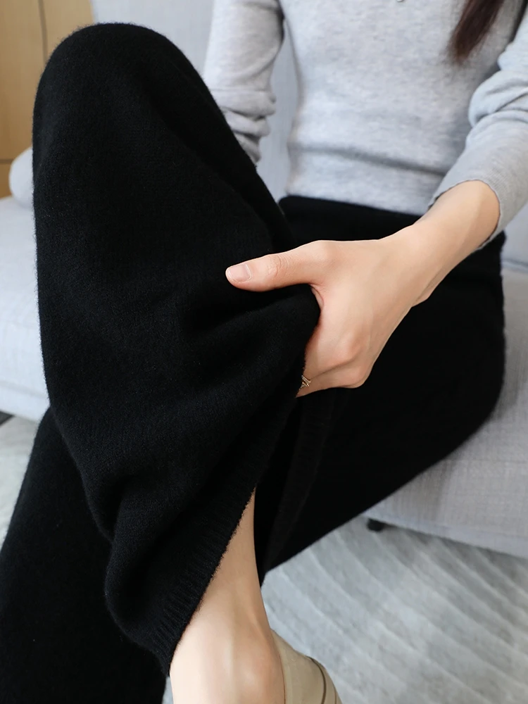 Autumn Winter Thick Cashmere Women Wide Leg Pants Casual Loose Twist Flower Trousers 100% Merino Wool Knitwear Popular Pants