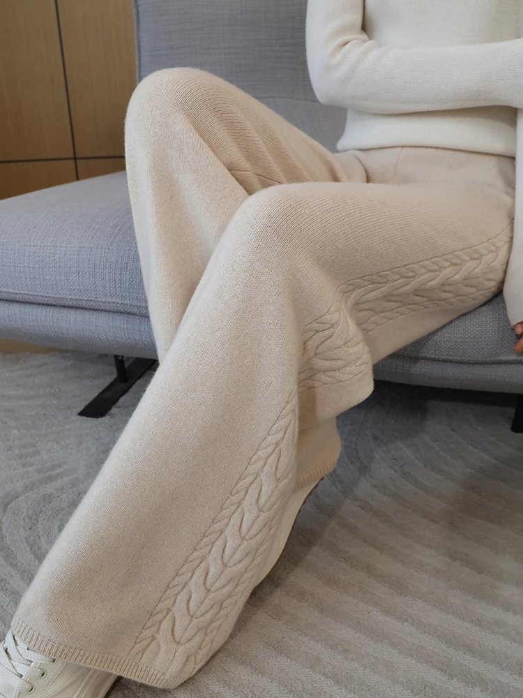 Autumn Winter Thick Cashmere Women Wide Leg Pants Casual Loose Twist Flower Trousers 100% Merino Wool Knitwear Popular Pants