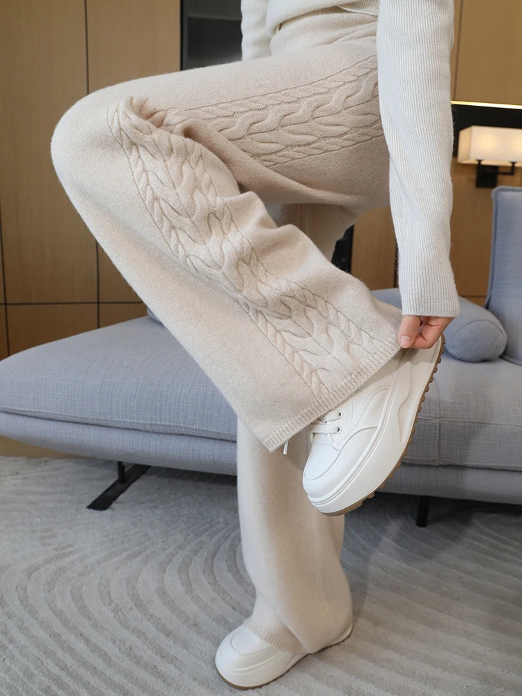 Autumn Winter Thick Cashmere Women Wide Leg Pants Casual Loose Twist Flower Trousers 100% Merino Wool Knitwear Popular Pants
