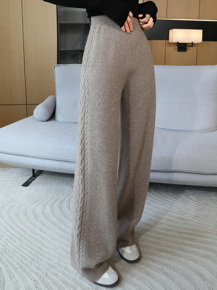 Autumn Winter Thick Cashmere Women Wide Leg Pants Casual Loose Twist Flower Trousers 100% Merino Wool Knitwear Popular Pants