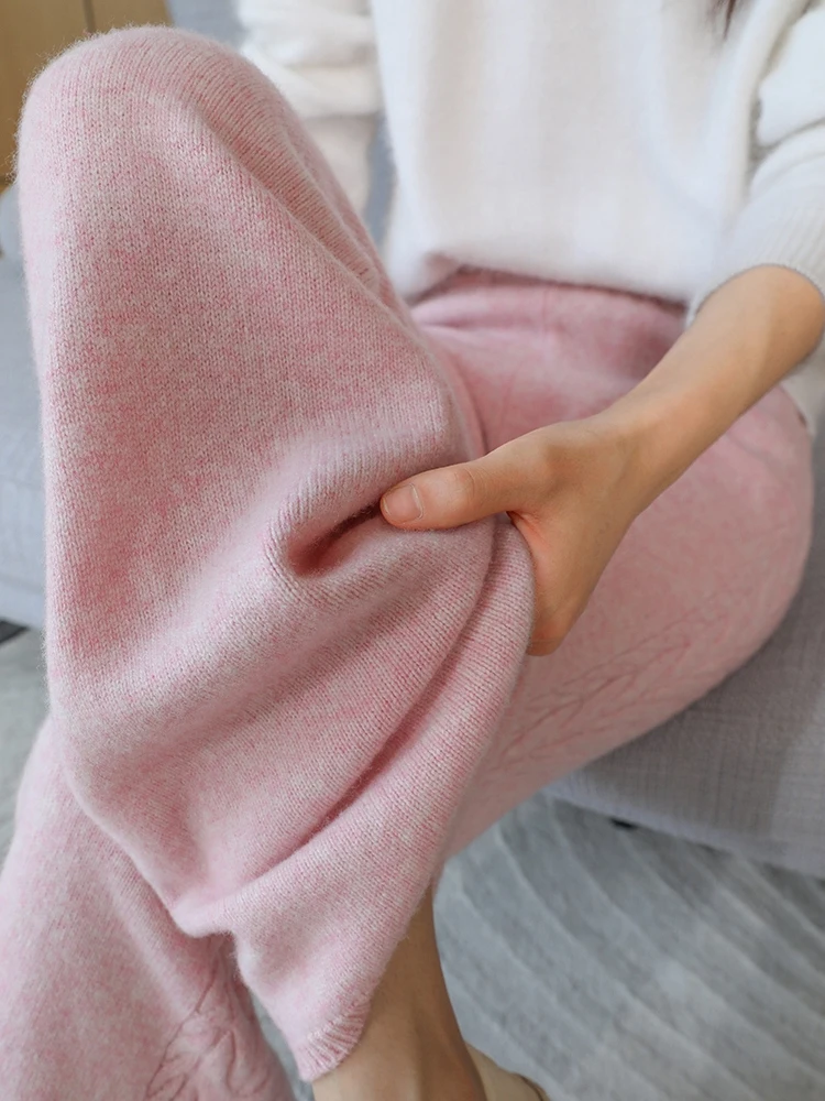 Autumn Winter Thick Cashmere Women Wide Leg Pants Casual Loose Twist Flower Trousers 100% Merino Wool Knitwear Popular Pants