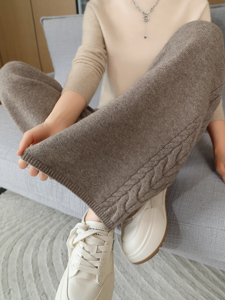 Autumn Winter Thick Cashmere Women Wide Leg Pants Casual Loose Twist Flower Trousers 100% Merino Wool Knitwear Popular Pants