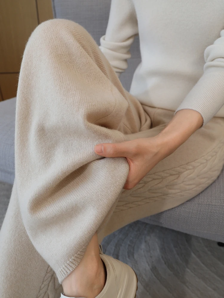 Autumn Winter Thick Cashmere Women Wide Leg Pants Casual Loose Twist Flower Trousers 100% Merino Wool Knitwear Popular Pants
