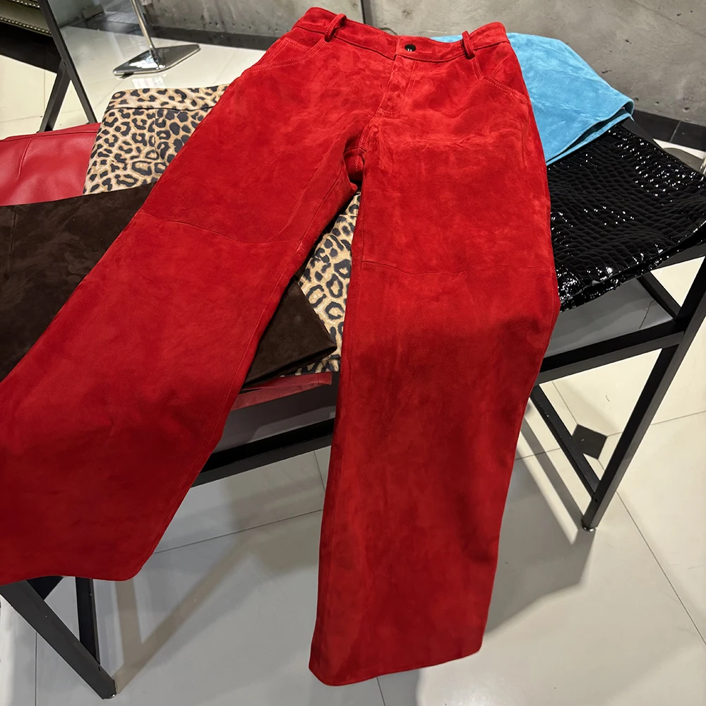 YOLOAgain Real Suede Trousers Women Genuine Sheepskin Straight Pants Female