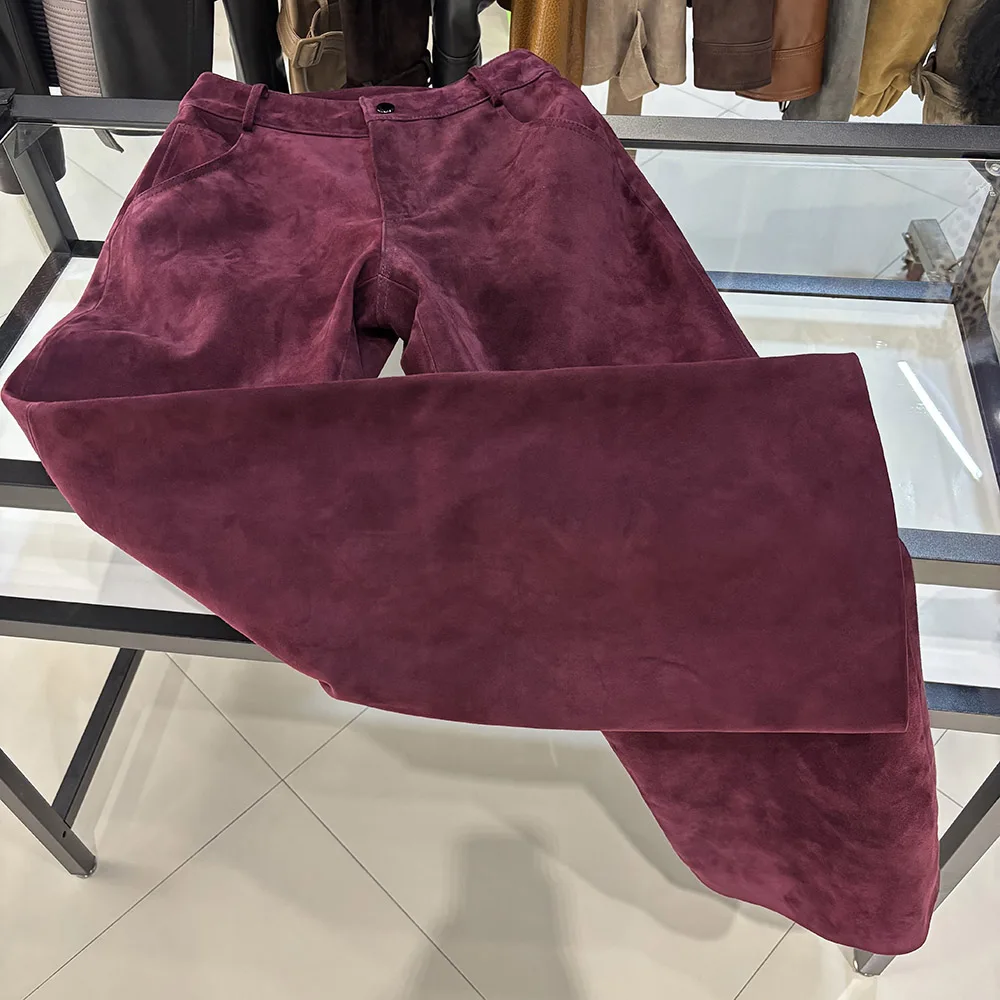 YOLOAgain Real Suede Trousers Women Genuine Sheepskin Straight Pants Female