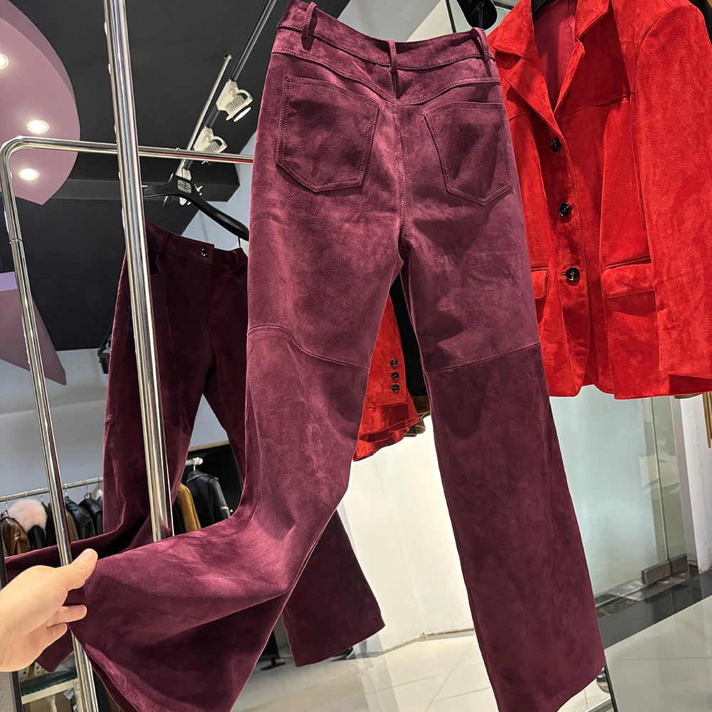 YOLOAgain Real Suede Trousers Women Genuine Sheepskin Straight Pants Female