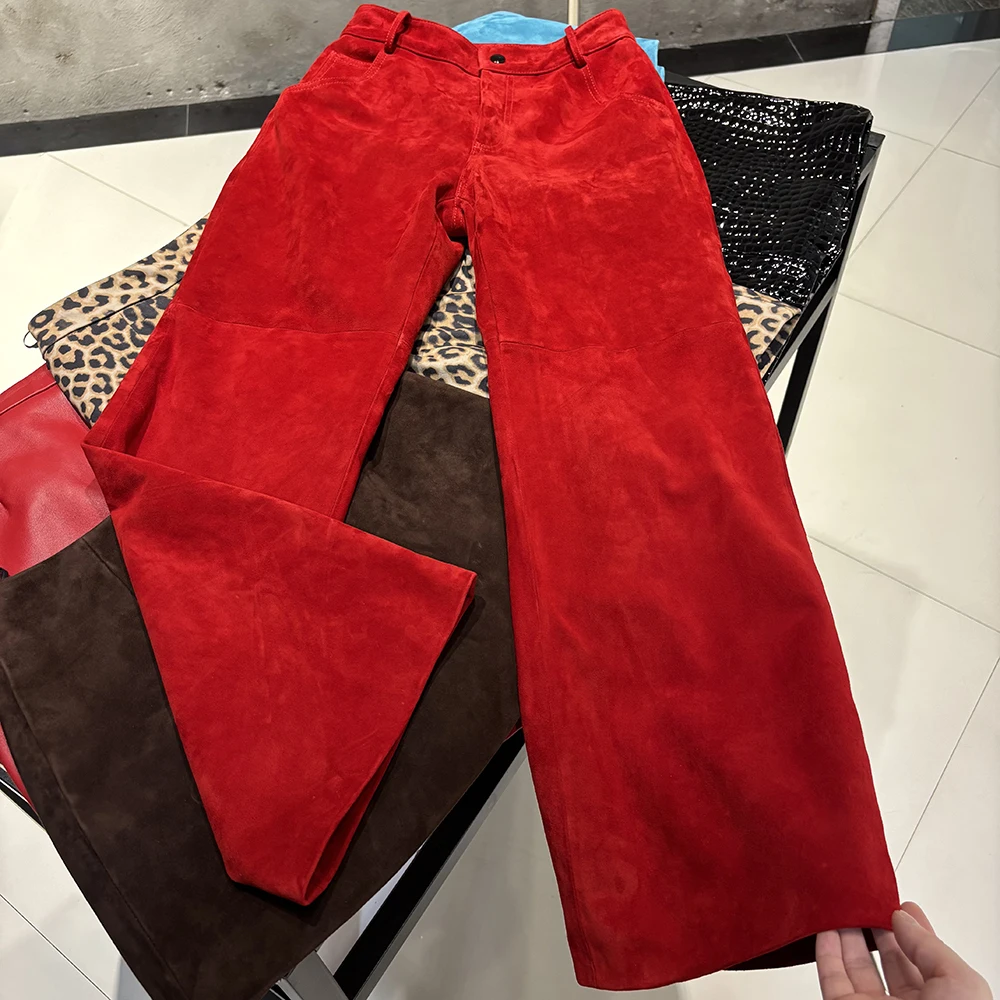 YOLOAgain Real Suede Trousers Women Genuine Sheepskin Straight Pants Female
