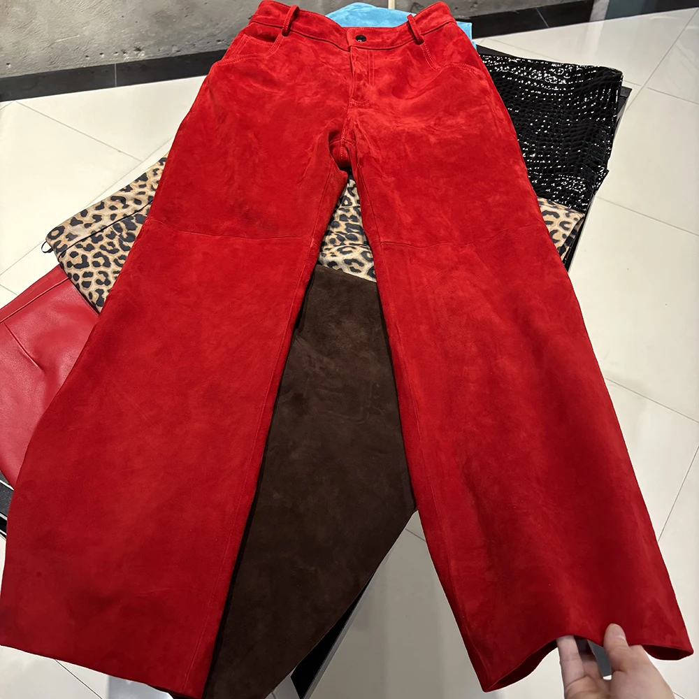 YOLOAgain Real Suede Trousers Women Genuine Sheepskin Straight Pants Female