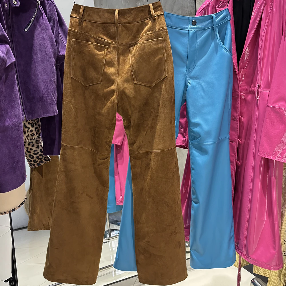 YOLOAgain Real Suede Trousers Women Genuine Sheepskin Straight Pants Female