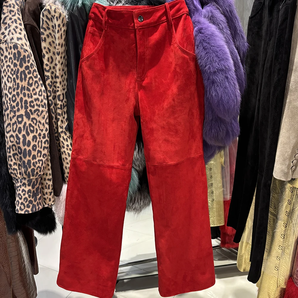 YOLOAgain Real Suede Trousers Women Genuine Sheepskin Straight Pants Female