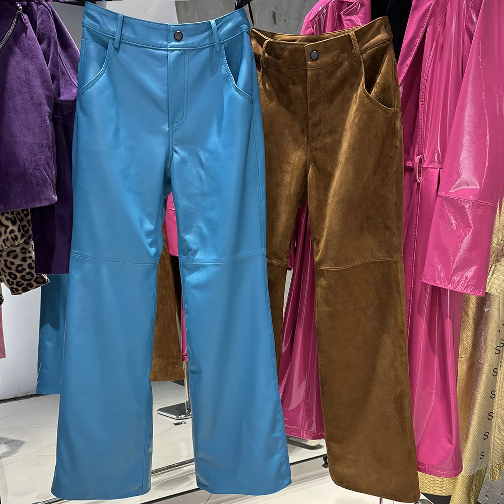 YOLOAgain Real Suede Trousers Women Genuine Sheepskin Straight Pants Female