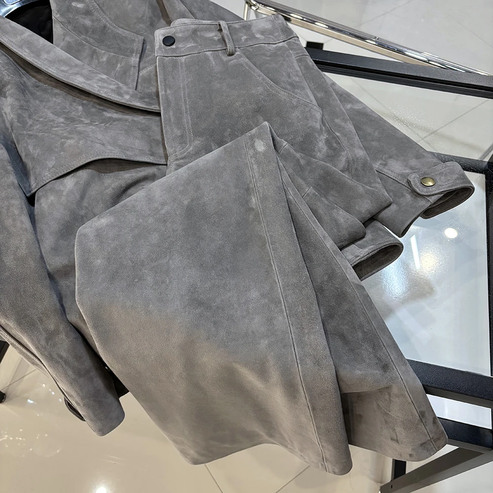 YOLOAgain Real Suede Trousers Women Genuine Sheepskin Straight Pants Female