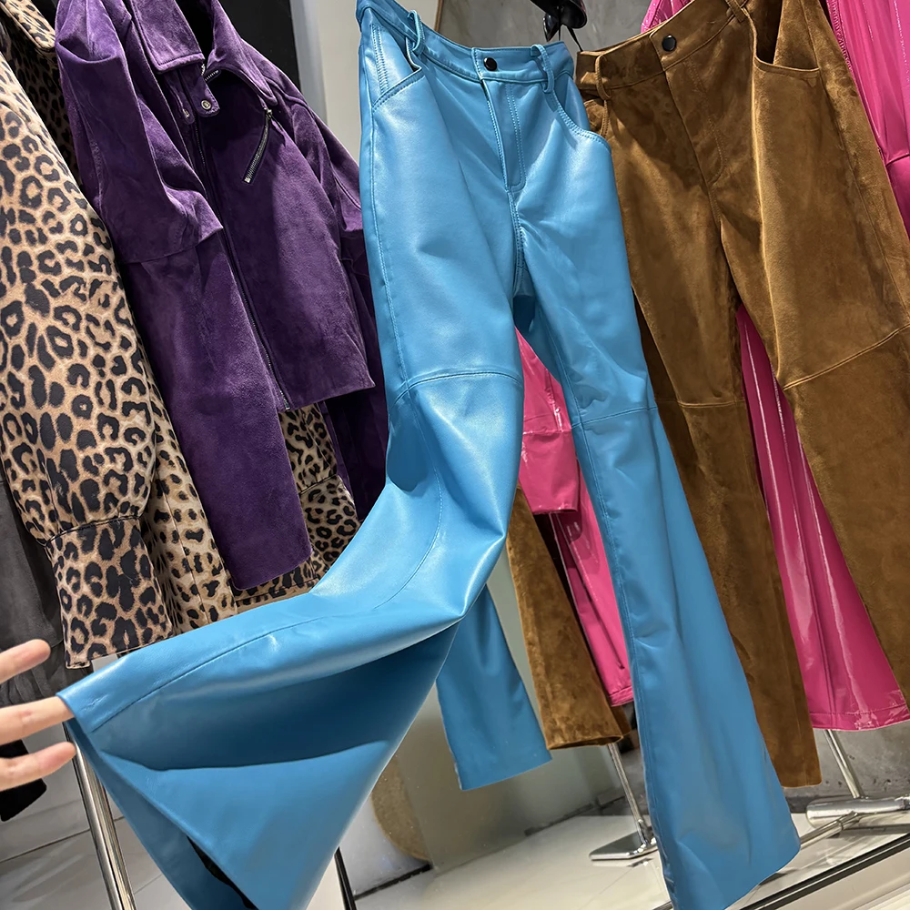 YOLOAgain Real Suede Trousers Women Genuine Sheepskin Straight Pants Female