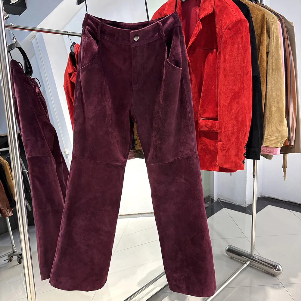 YOLOAgain Real Suede Trousers Women Genuine Sheepskin Straight Pants Female