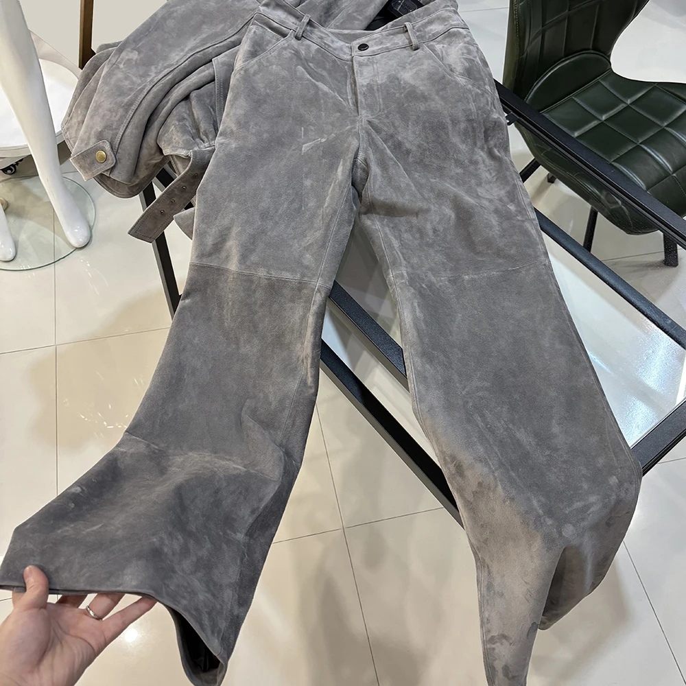 YOLOAgain Real Suede Trousers Women Genuine Sheepskin Straight Pants Female