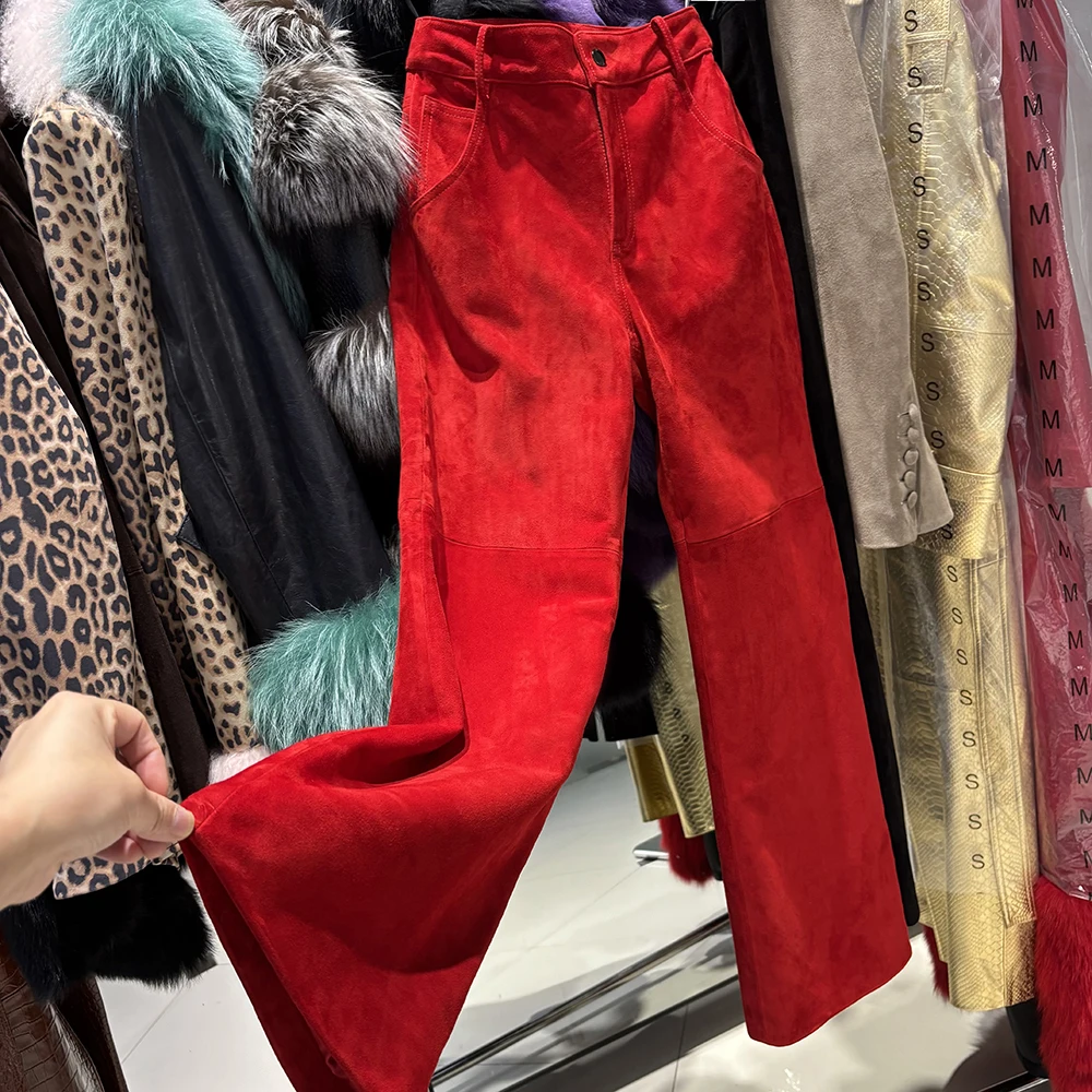 YOLOAgain Real Suede Trousers Women Genuine Sheepskin Straight Pants Female