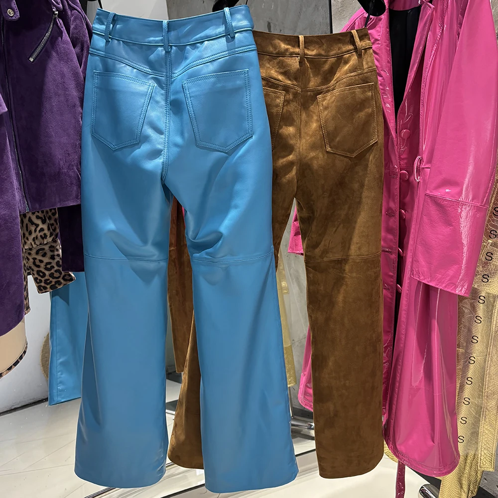 YOLOAgain Real Suede Trousers Women Genuine Sheepskin Straight Pants Female