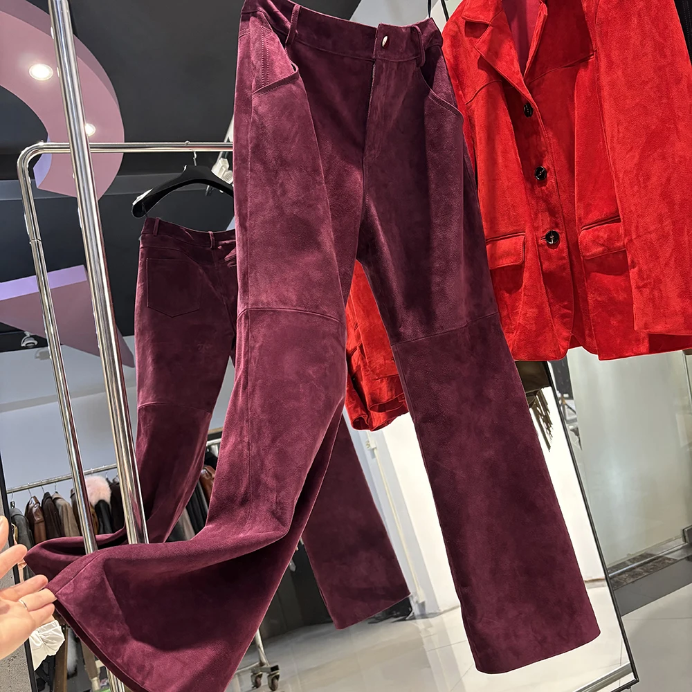 YOLOAgain Real Suede Trousers Women Genuine Sheepskin Straight Pants Female