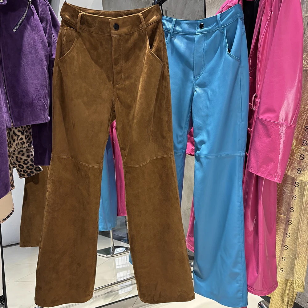 YOLOAgain Real Suede Trousers Women Genuine Sheepskin Straight Pants Female