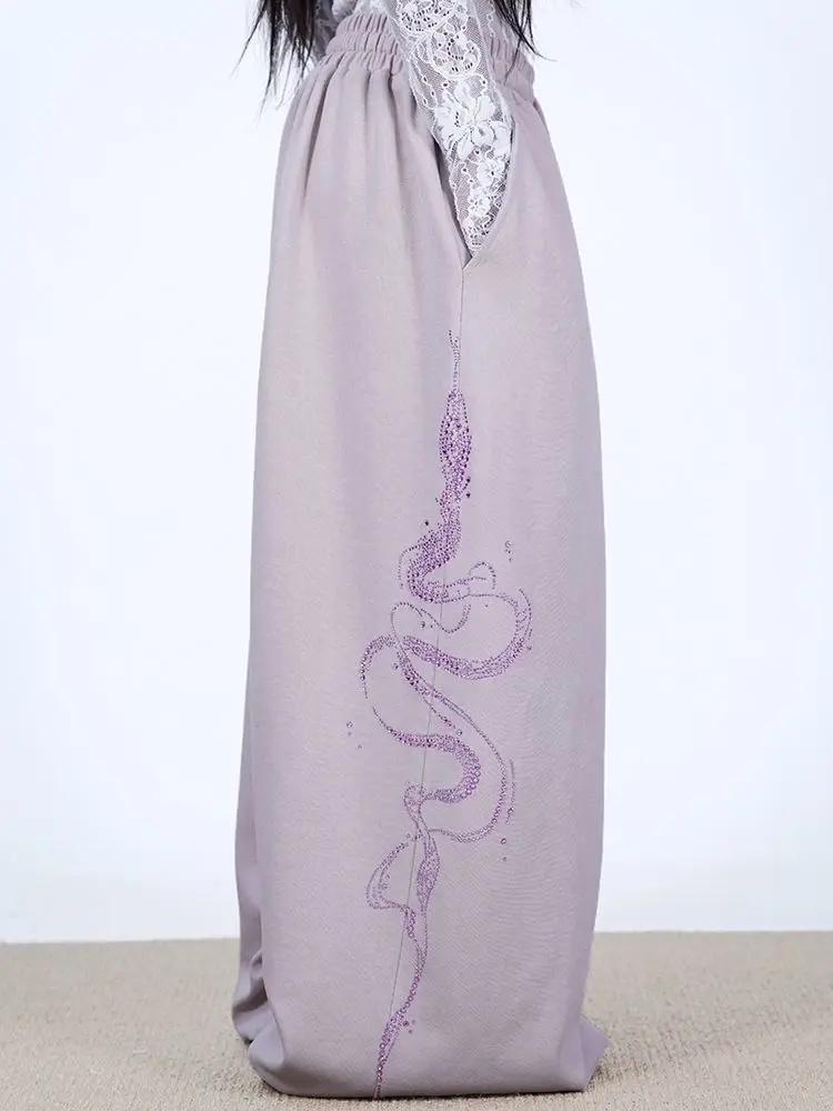 Women Y2K Snake Rhinestone Wide Leg Pants Loose Baggy High Waist Sweatpants with Sparkly Serpent Print Street Dance Casual Wear