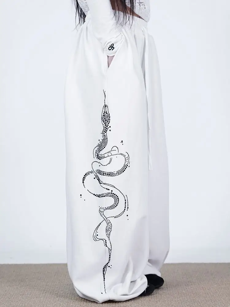 Women Y2K Snake Rhinestone Wide Leg Pants Loose Baggy High Waist Sweatpants with Sparkly Serpent Print Street Dance Casual Wear