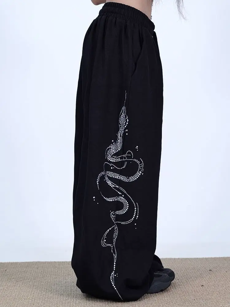 Women Y2K Snake Rhinestone Wide Leg Pants Loose Baggy High Waist Sweatpants with Sparkly Serpent Print Street Dance Casual Wear