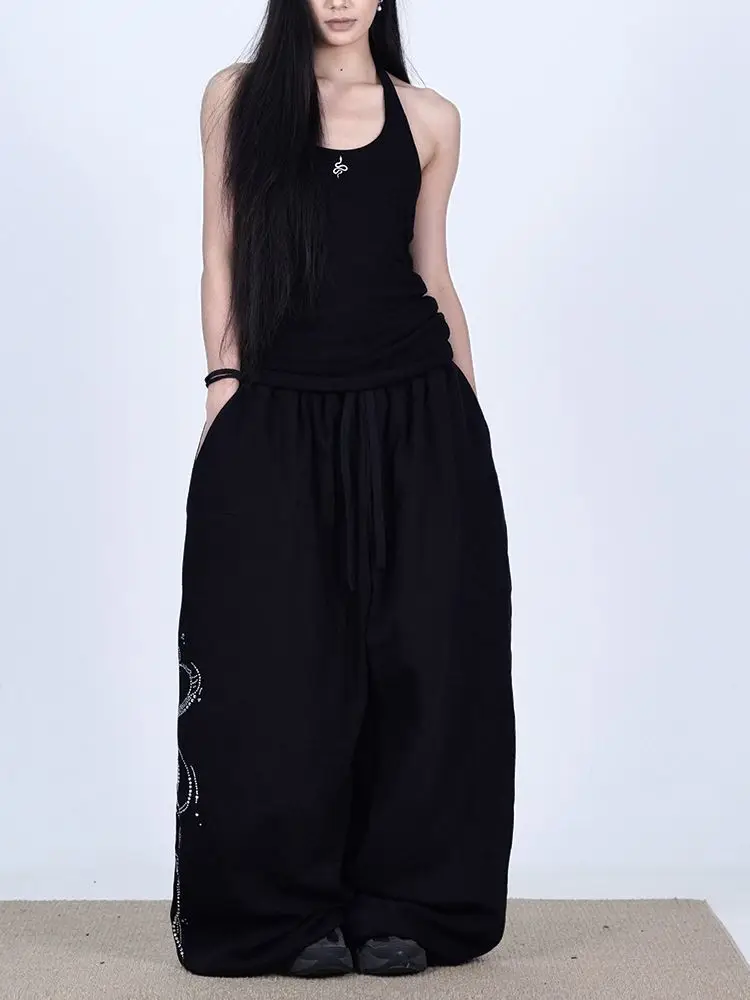 Women Y2K Snake Rhinestone Wide Leg Pants Loose Baggy High Waist Sweatpants with Sparkly Serpent Print Street Dance Casual Wear