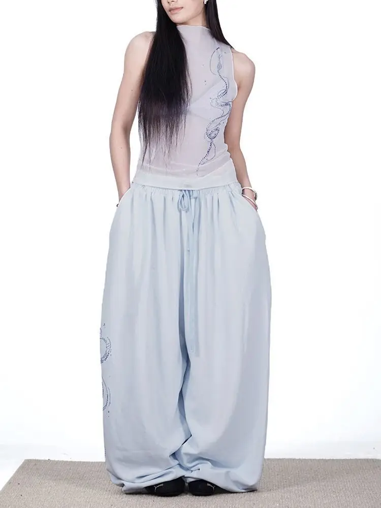 Women Y2K Snake Rhinestone Wide Leg Pants Loose Baggy High Waist Sweatpants with Sparkly Serpent Print Street Dance Casual Wear