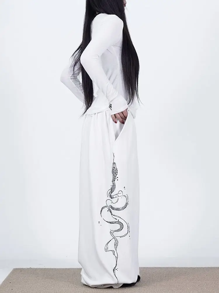 Women Y2K Snake Rhinestone Wide Leg Pants Loose Baggy High Waist Sweatpants with Sparkly Serpent Print Street Dance Casual Wear