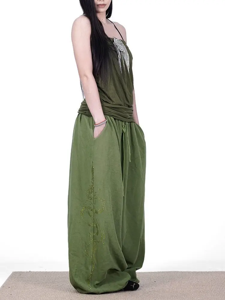 Women Y2K Snake Rhinestone Wide Leg Pants Loose Baggy High Waist Sweatpants with Sparkly Serpent Print Street Dance Casual Wear