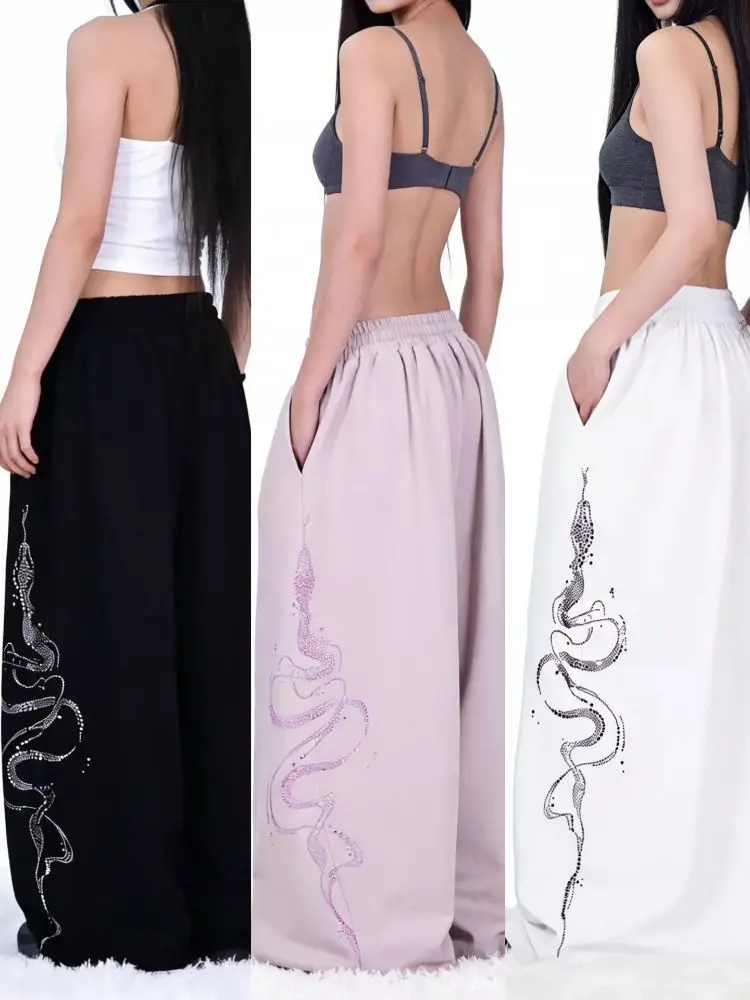 Women Y2K Snake Rhinestone Wide Leg Pants Loose Baggy High Waist Sweatpants with Sparkly Serpent Print Street Dance Casual Wear
