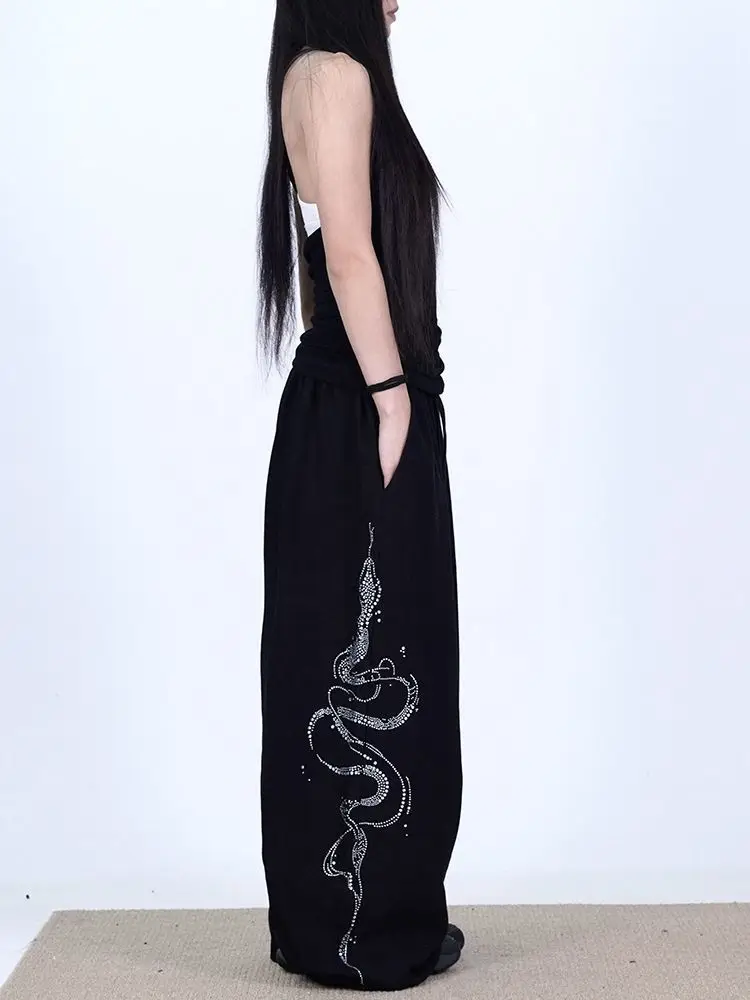 Women Y2K Snake Rhinestone Wide Leg Pants Loose Baggy High Waist Sweatpants with Sparkly Serpent Print Street Dance Casual Wear