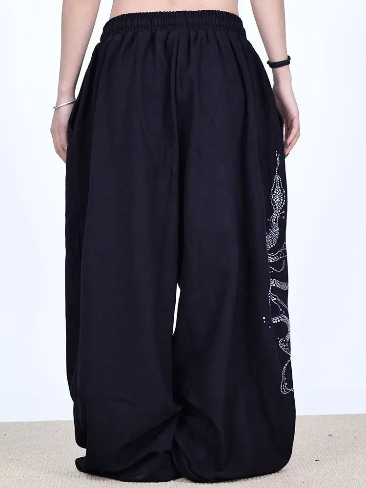 Women Y2K Snake Rhinestone Wide Leg Pants Loose Baggy High Waist Sweatpants with Sparkly Serpent Print Street Dance Casual Wear