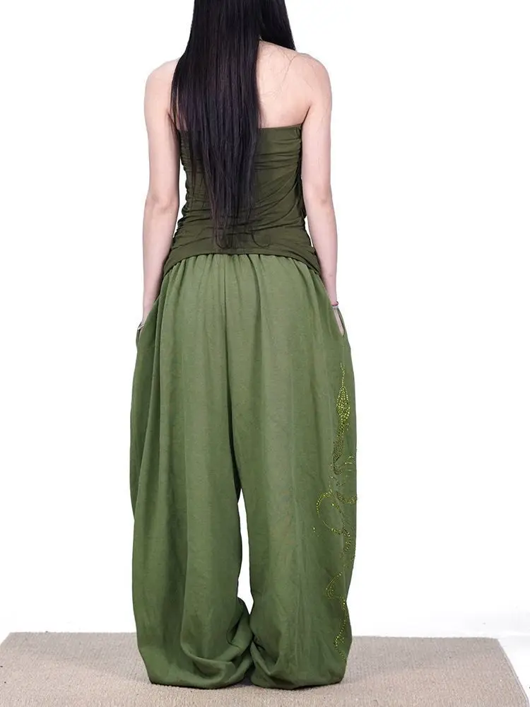Women Y2K Snake Rhinestone Wide Leg Pants Loose Baggy High Waist Sweatpants with Sparkly Serpent Print Street Dance Casual Wear