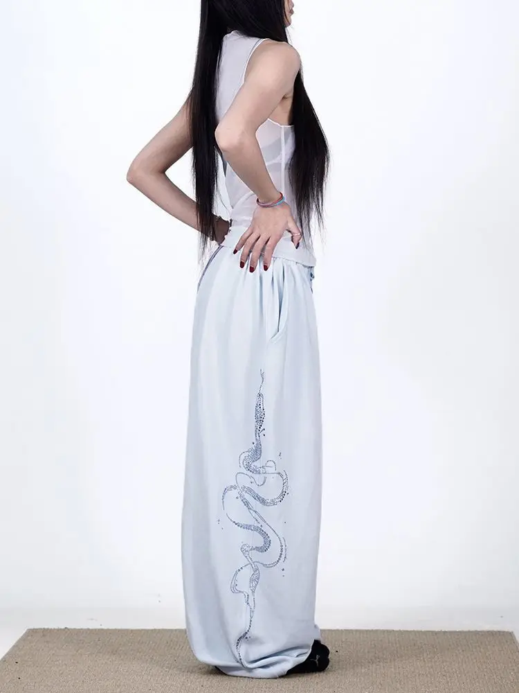 Women Y2K Snake Rhinestone Wide Leg Pants Loose Baggy High Waist Sweatpants with Sparkly Serpent Print Street Dance Casual Wear