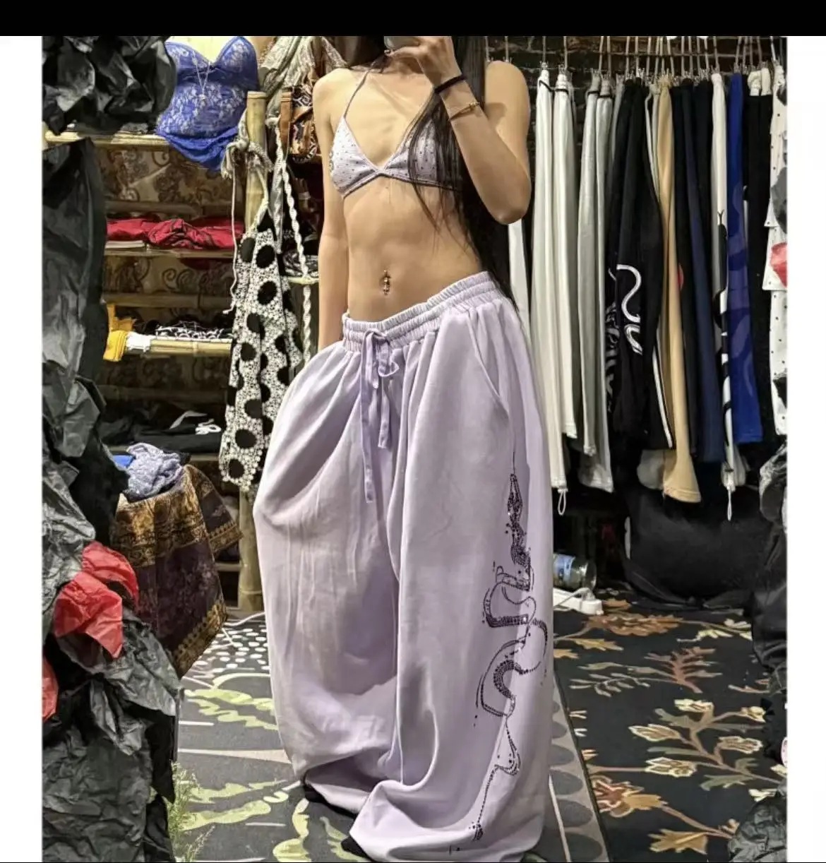 Women Y2K Snake Rhinestone Wide Leg Pants Loose Baggy High Waist Sweatpants with Sparkly Serpent Print Street Dance Casual Wear