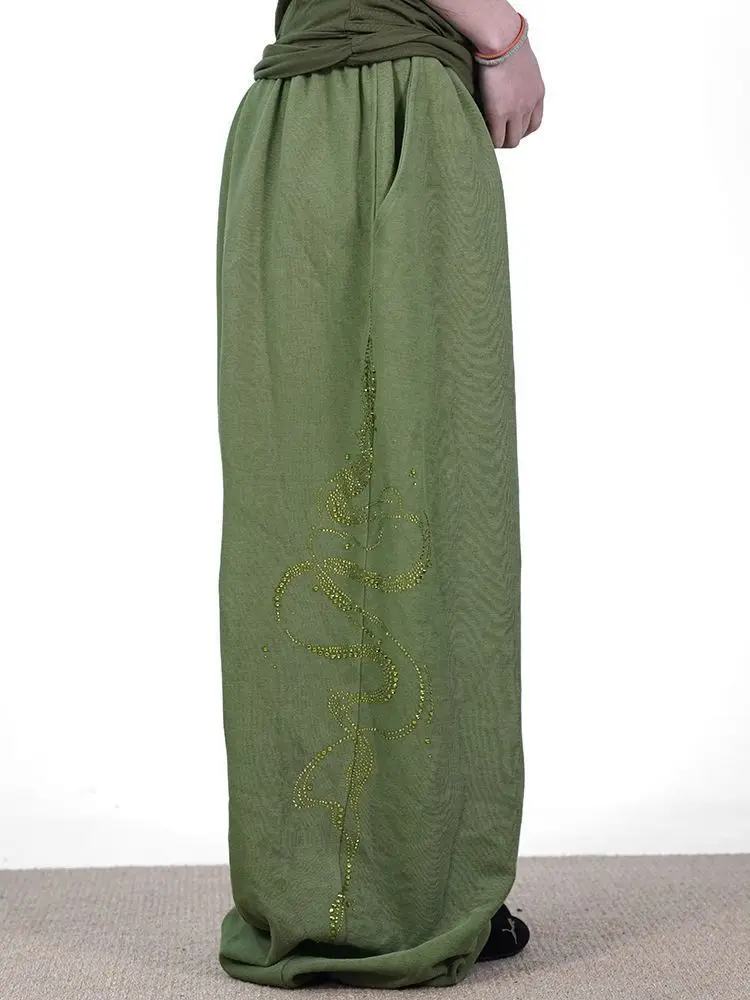 Women Y2K Snake Rhinestone Wide Leg Pants Loose Baggy High Waist Sweatpants with Sparkly Serpent Print Street Dance Casual Wear