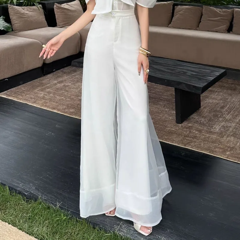 Spring Fashion Casual Black Organza Pants for Women Vintage Wide Leg Pants Japanese Style High Waist Trousers Pantalones Mujer