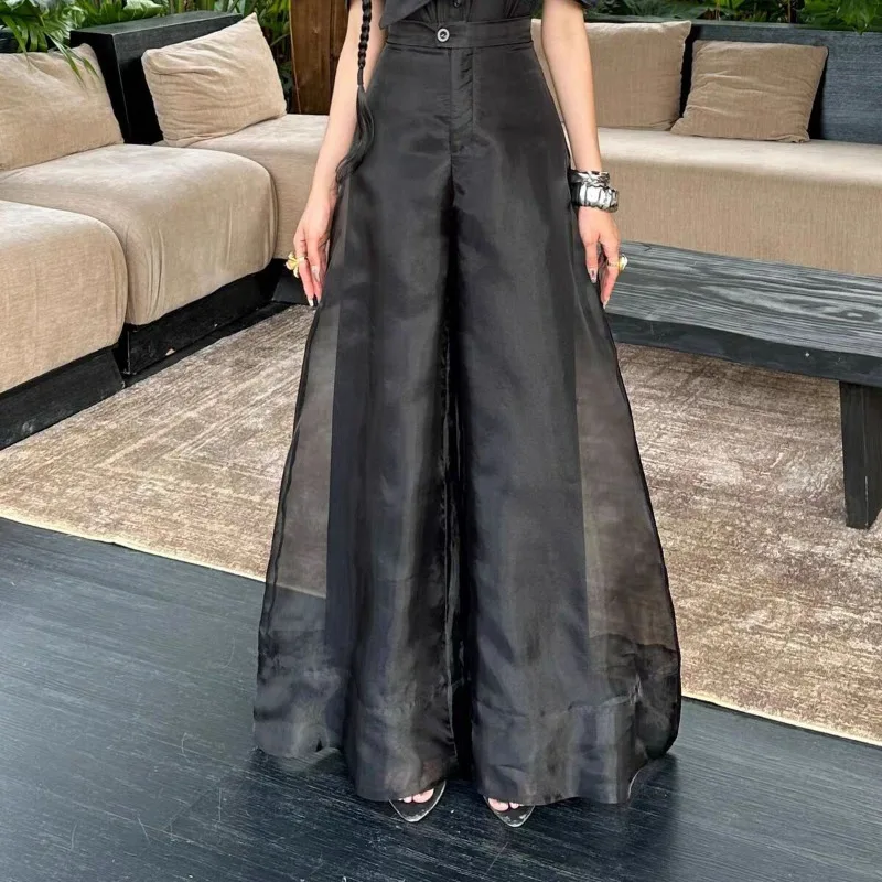 Spring Fashion Casual Black Organza Pants for Women Vintage Wide Leg Pants Japanese Style High Waist Trousers Pantalones Mujer