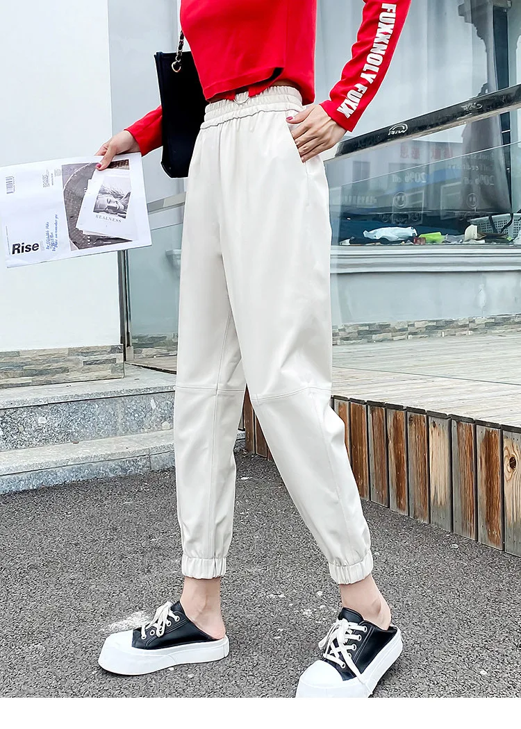 Cargo Pants Women Casual 2026 Winter Autumn New Fashion Genuine Leather Pants Streetwear Trousers