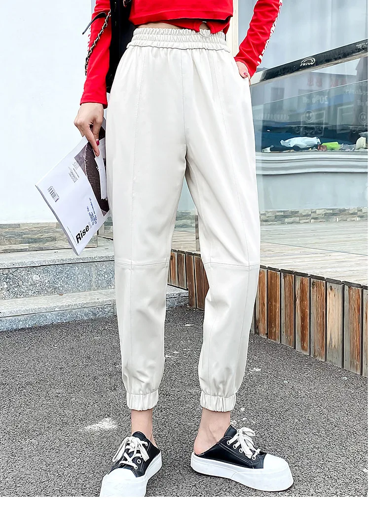 Cargo Pants Women Casual 2026 Winter Autumn New Fashion Genuine Leather Pants Streetwear Trousers