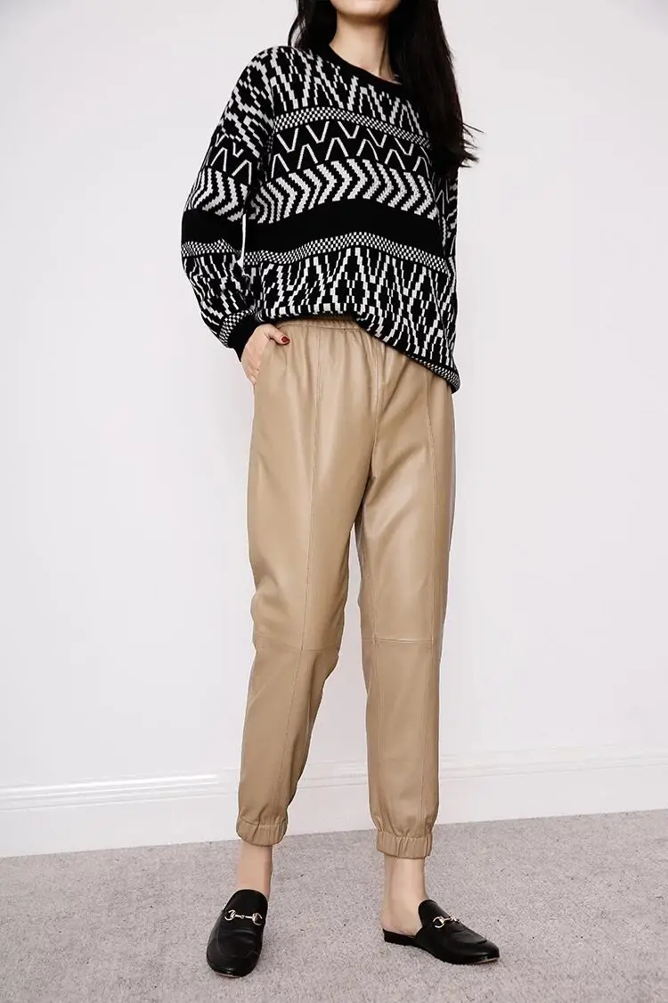 Cargo Pants Women Casual 2026 Winter Autumn New Fashion Genuine Leather Pants Streetwear Trousers